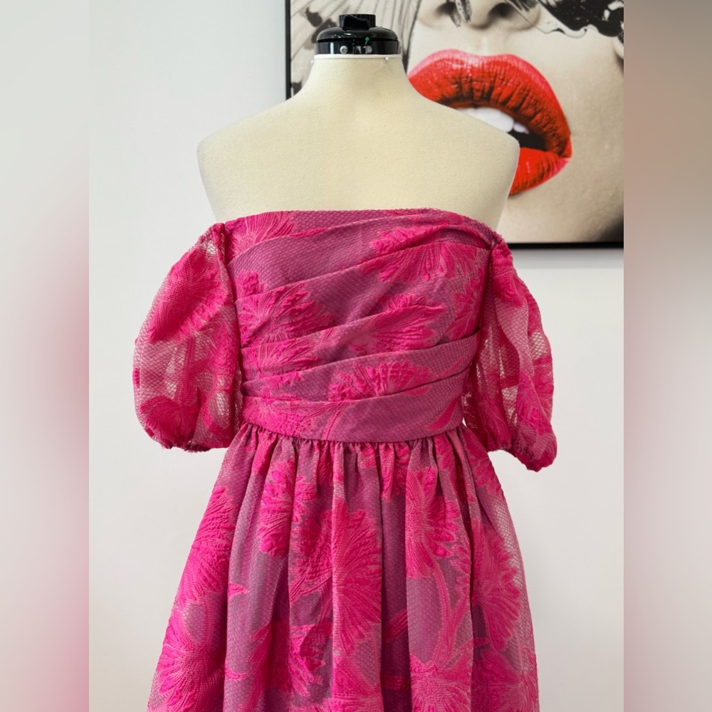 ML Monique Lhuillier Organza Jacquard Off-Shoulder Gown Floral Pink Maxi Dress - Picture 7 of 16